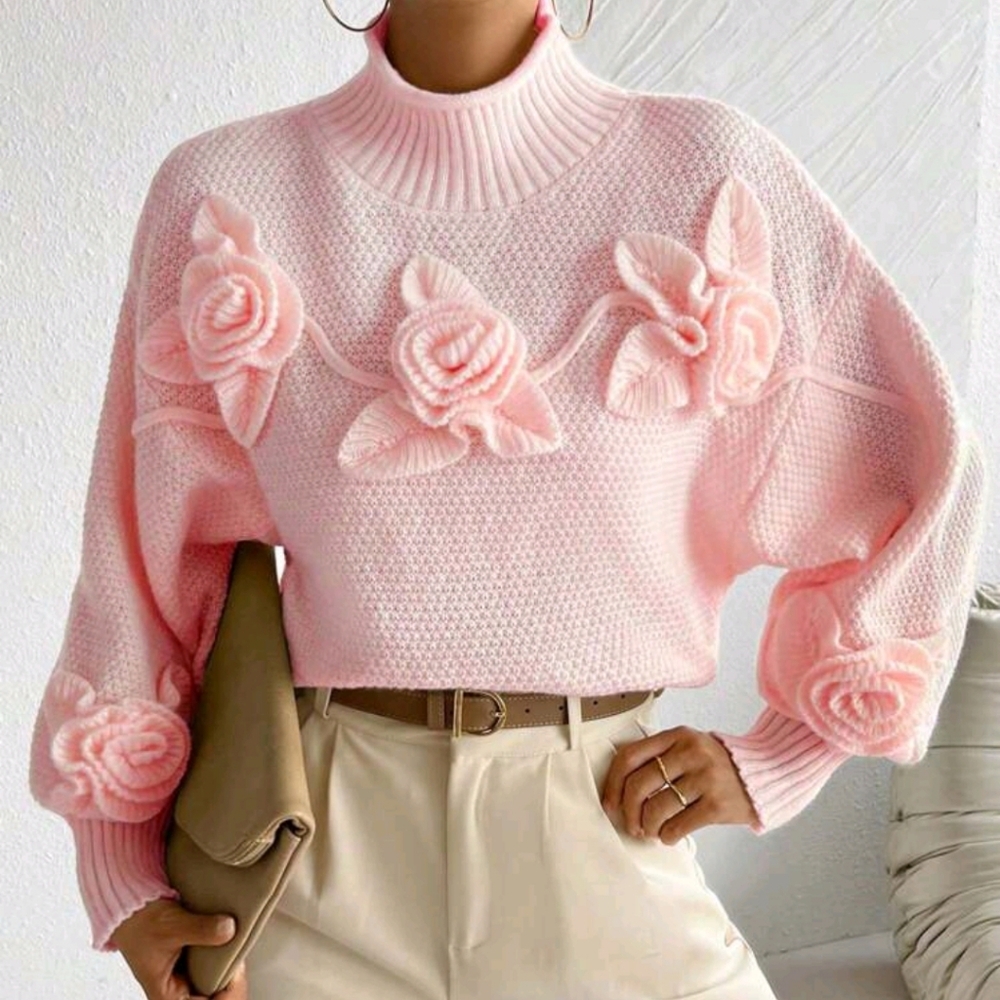 Floral Applique Crew Neck Casual Pullover Sweater - Picture 6 of 6